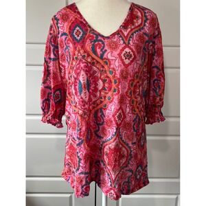 David Cline Tunic Top Blouse Paisley Print 3/4 Sleeve Lightweight‎ XL